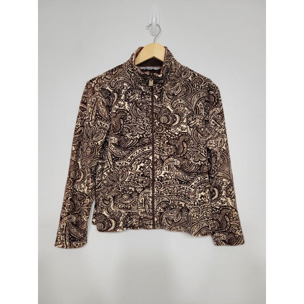 Oleg Cassini Sport Chocolate Paisley Full Zip Fleece Jacket Size Petite Medium
